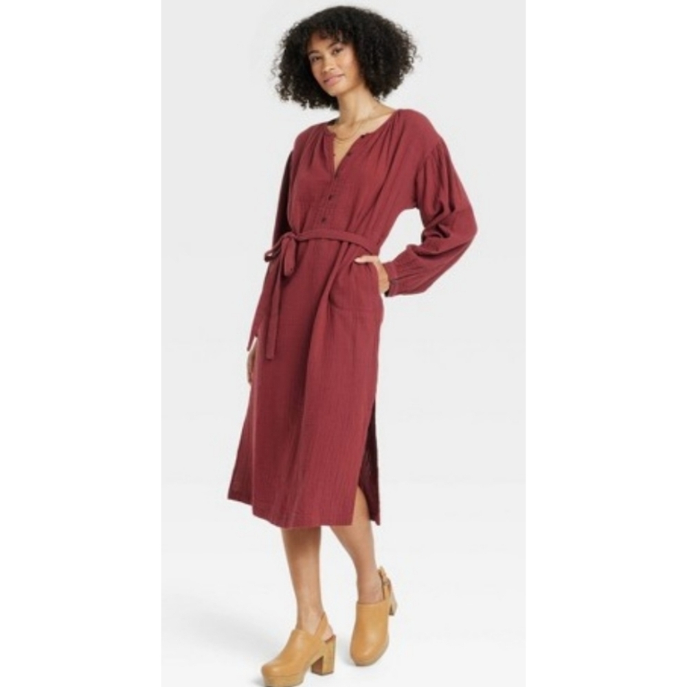 Universal Thread Balloon Long Sleeve Tie front Shirtdress Maroon Size XS